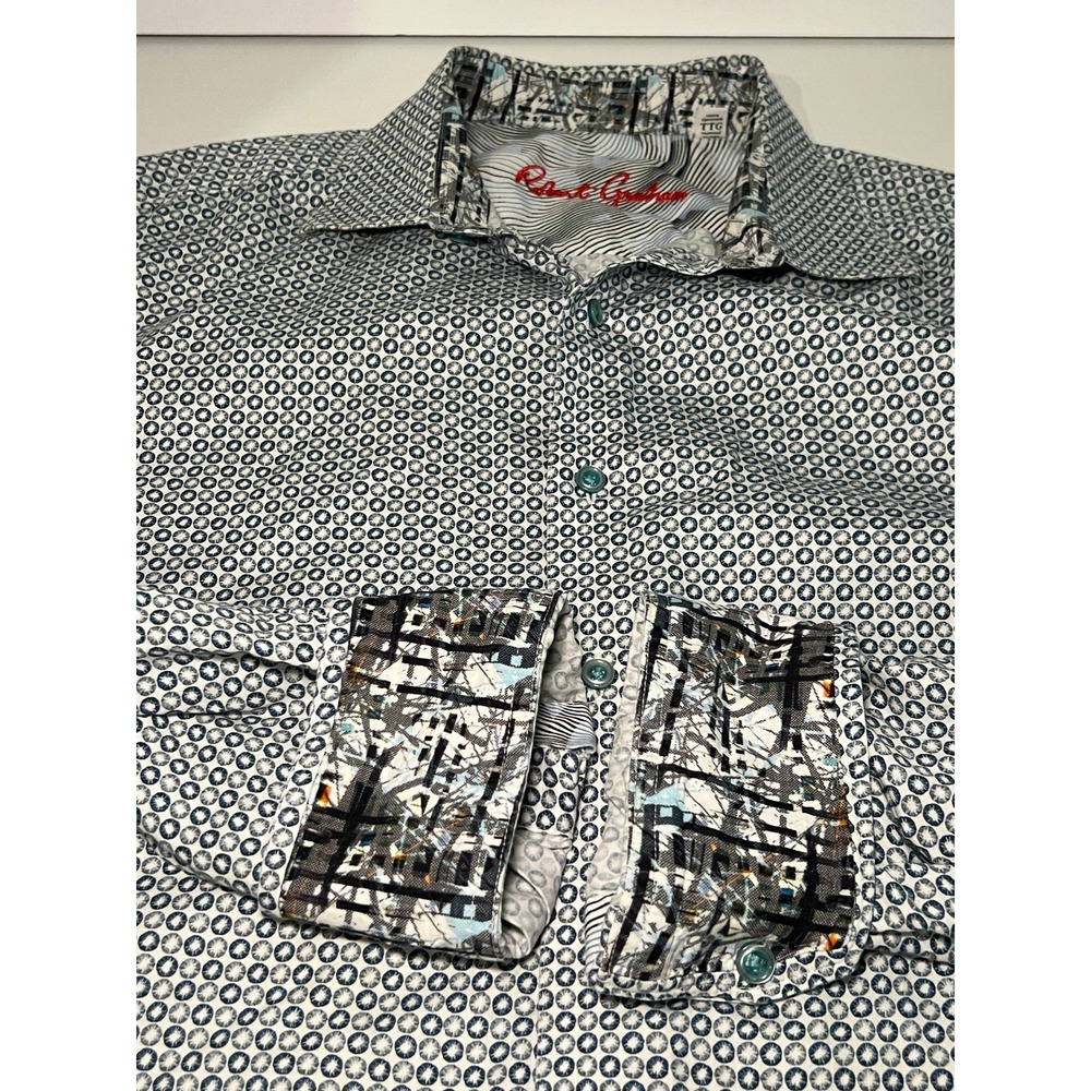 Robert Graham Button Down Shirt Mens 2XL Blue White Flip Cuffs Geometric Print